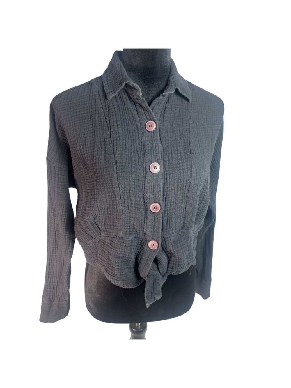 Free People Washed Black Distressed Button Up Shirt Jacket Shacket XS